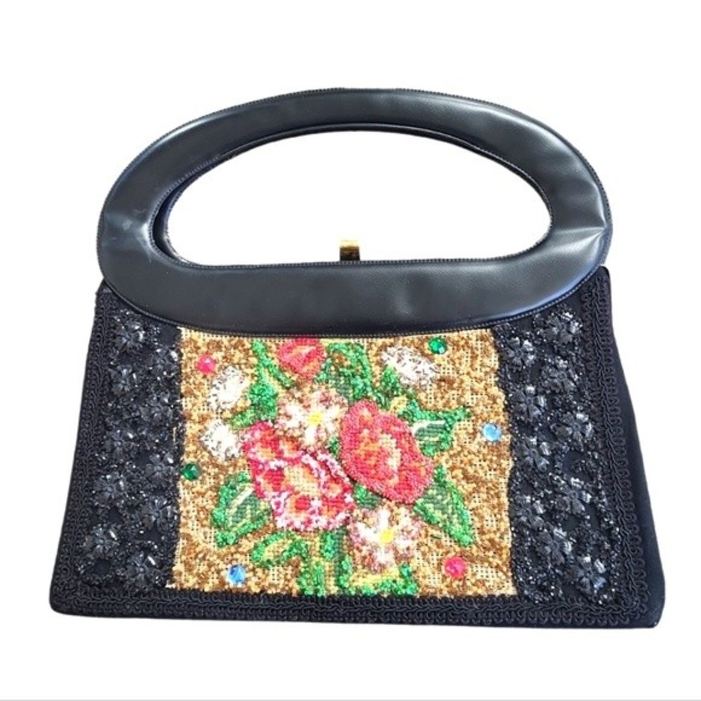 EUC Vintage women's rhinestone beaded floral framed satchel handbag, very rare